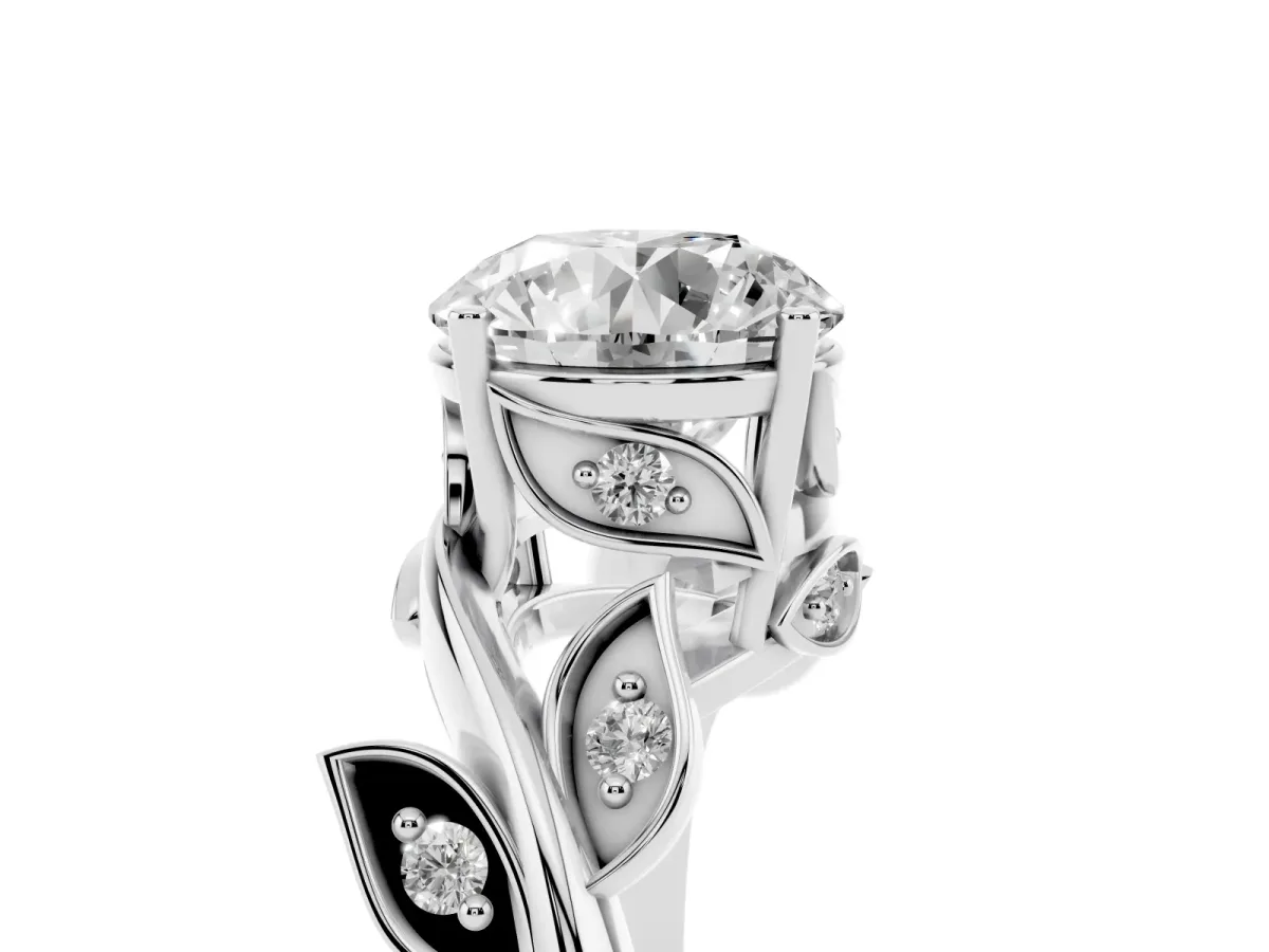 Round Cut Solitaire Twist Engagement Ring with Leaf Accents and Prong Setting Silver