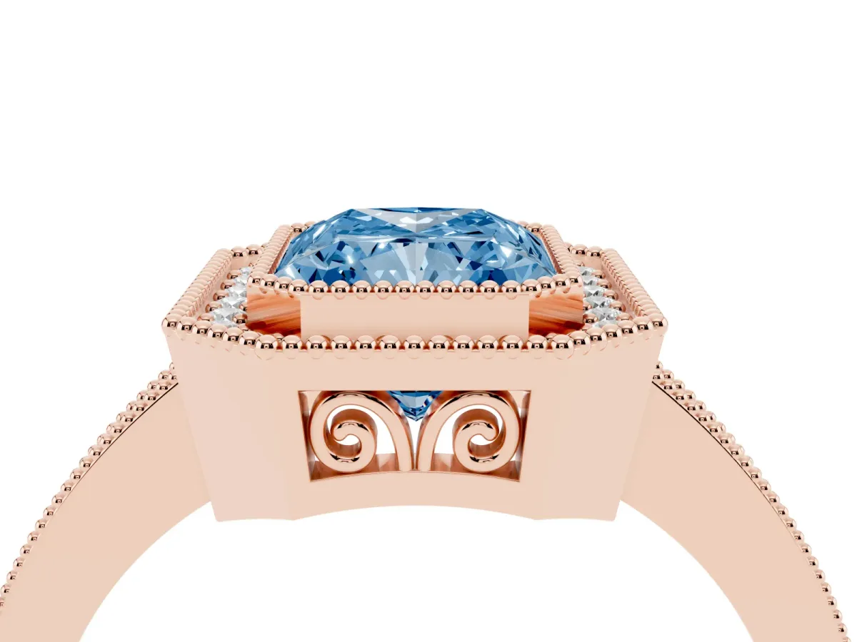 Fancy Blue Radiant Cut Cut Halo Diamond Ring with Pavé Band and Milgrain Prong Setting Rose gold
