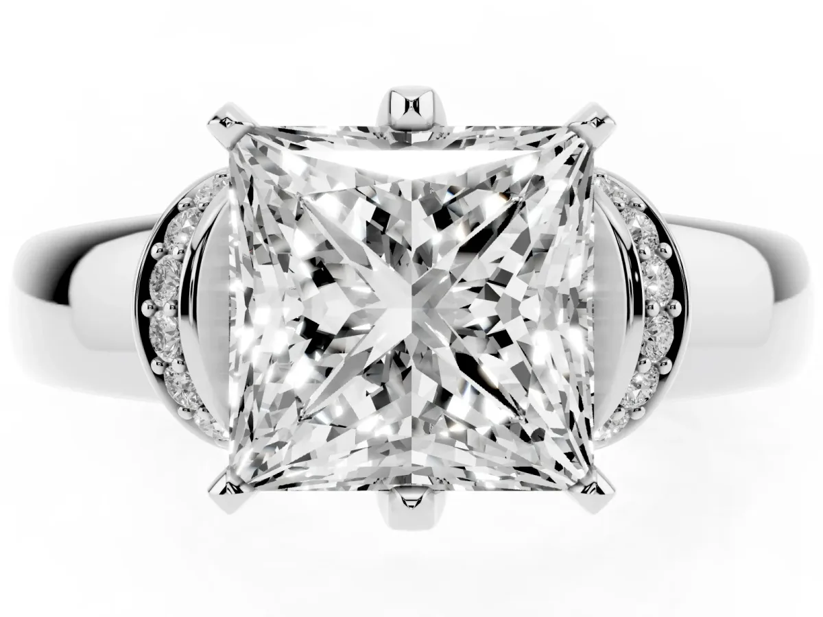 Princess Cut Solitaire Diamond Ring with Pave Band and Six-Prong Setting Silver
