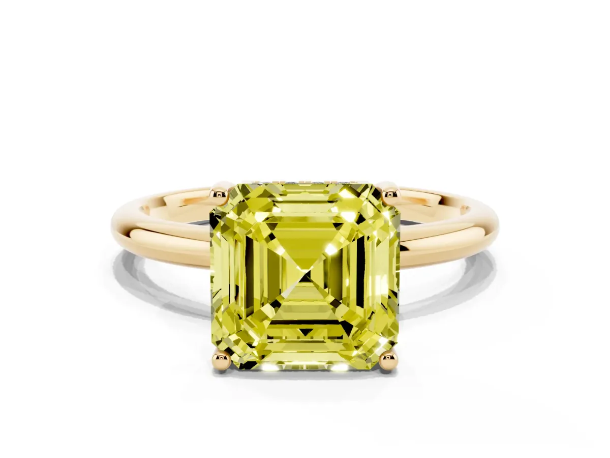 Fancy Yellow Asscher Cut Cut Solitaire Engagement Ring with Four-Prong Setting and Classic Band Yellow gold