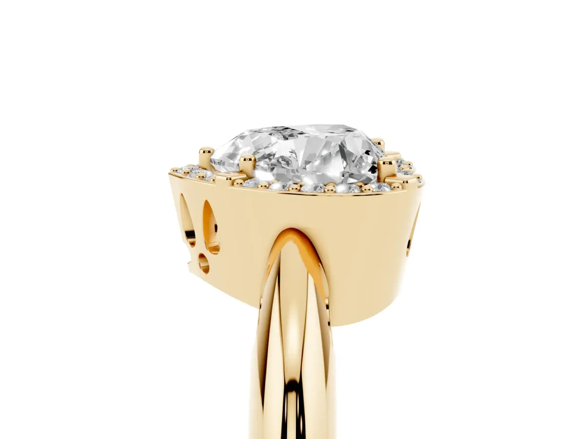 Heart Cut Cut Diamond Halo Engagement Ring with Split Shank and Four-Prong Setting Yellow gold