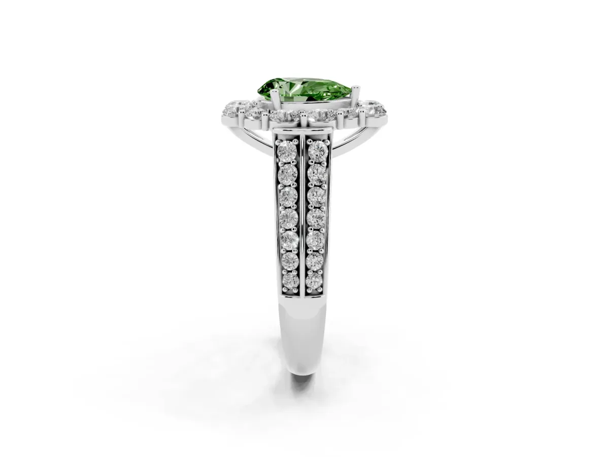 Fancy Green Pear Cut Halo Diamond Engagement Ring with Split Shank and Prong Setting Silver