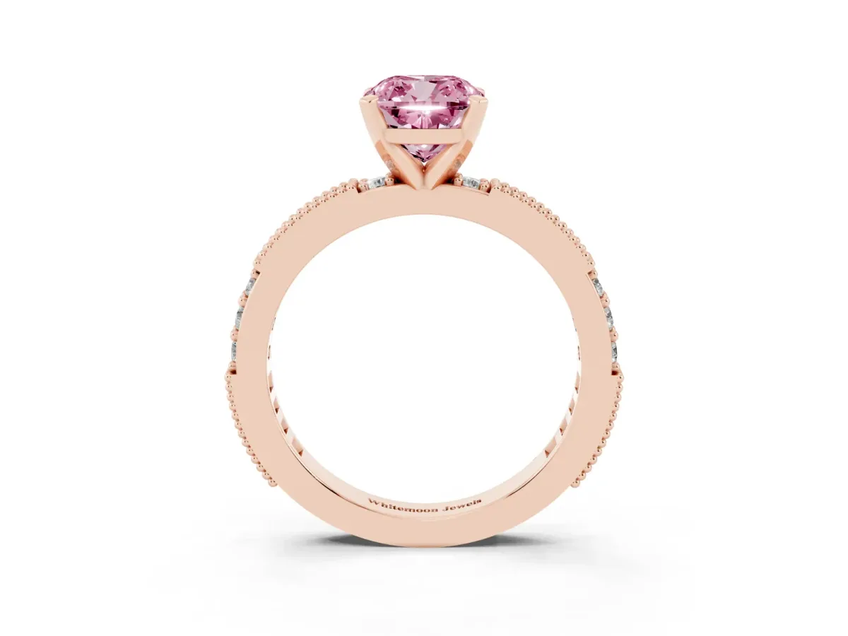 Fancy Pink Cushion Cut Solitaire with Pavé Band and Four-Prong Setting Rose gold
