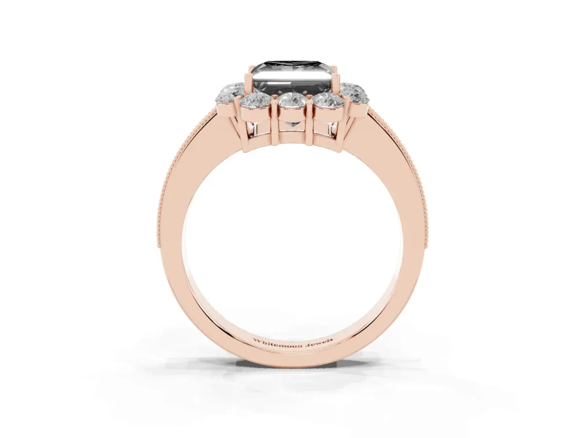 Fancy Black Princess Cut Cut Halo Diamond Pavé Engagement Ring with Milgrain Detailing Rose gold