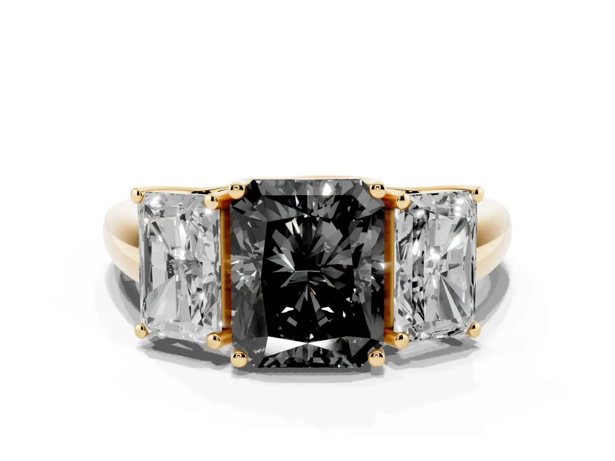 Fancy Black Three-Stone Radiant Cut Diamond Engagement Ring with Prong Setting Yellow gold