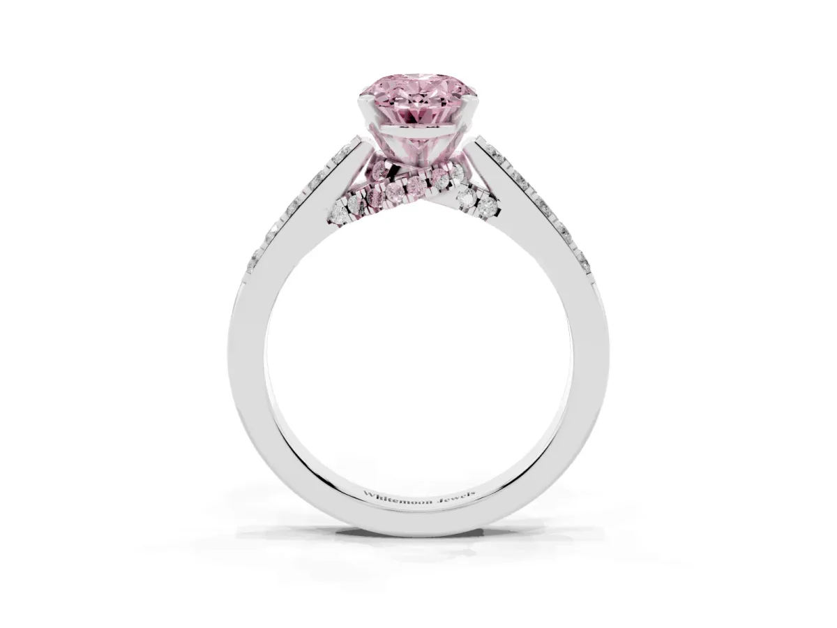 Fancy Pink Oval Cut Diamond Solitaire Ring with Crossover Gallery and Round Pavé Band Platinum