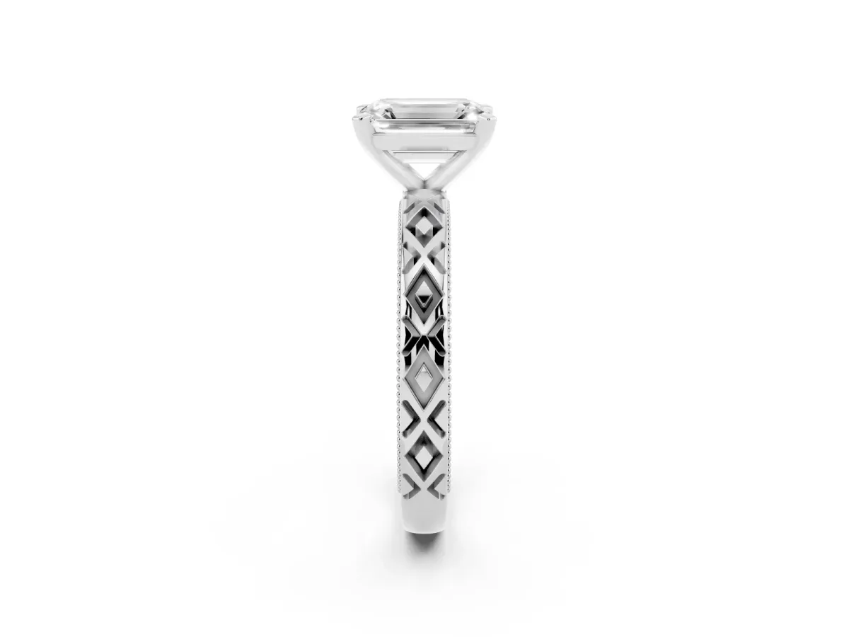 Emerald Cut Solitaire Diamond Ring with Milgrain and Black Enamel X Pattern Band Silver