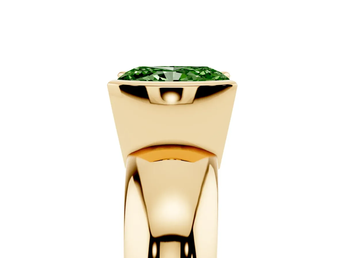 Fancy Green Radiant Cut Solitaire Tension Set Diamond Ring with Wide Band Yellow gold