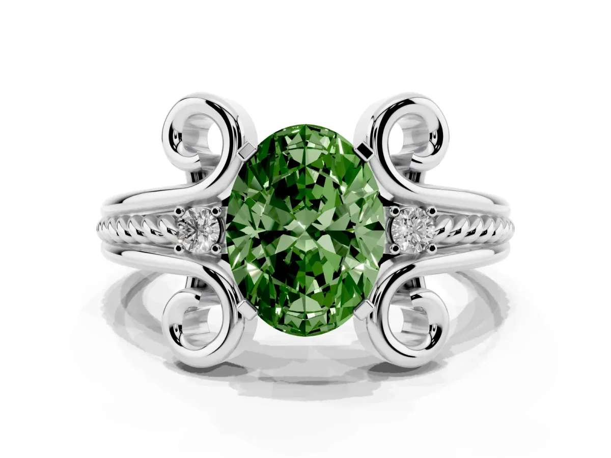 Fancy Green Oval Cut Solitaire Twisted Band Scroll Prong Ring White gold