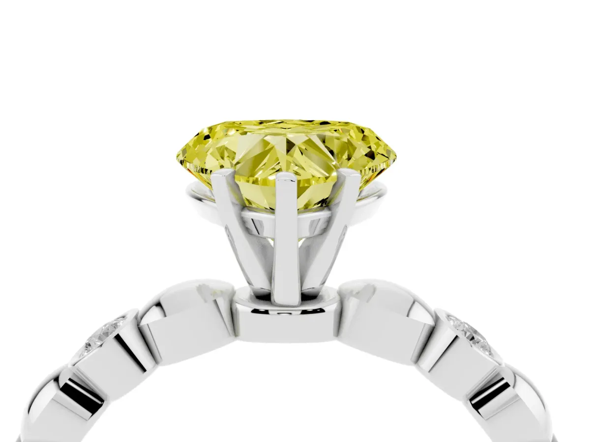 Fancy Yellow Heart Cut Solitaire Bezel-Set Diamond Ring with Beaded Band and Four-Prong Setting Silver