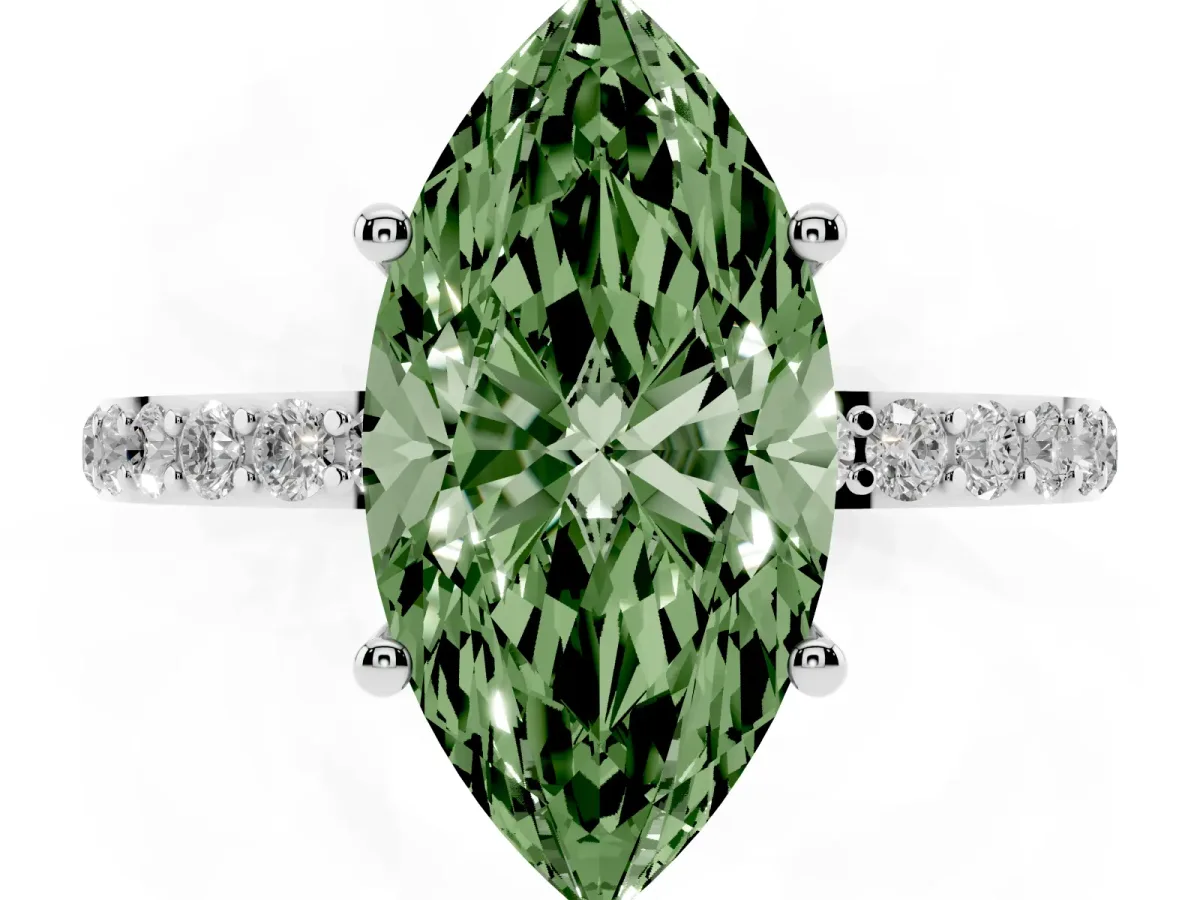 Fancy Green Marquise Cut Diamond Solitaire Ring with Round Pavé Shoulders and Prong Setting Silver