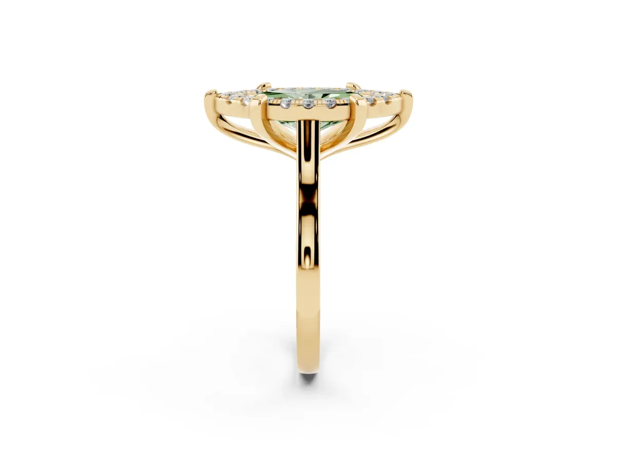 Fancy Green Marquise Cut Diamond Cluster Halo Solitaire with Four-Prong Setting Yellow gold
