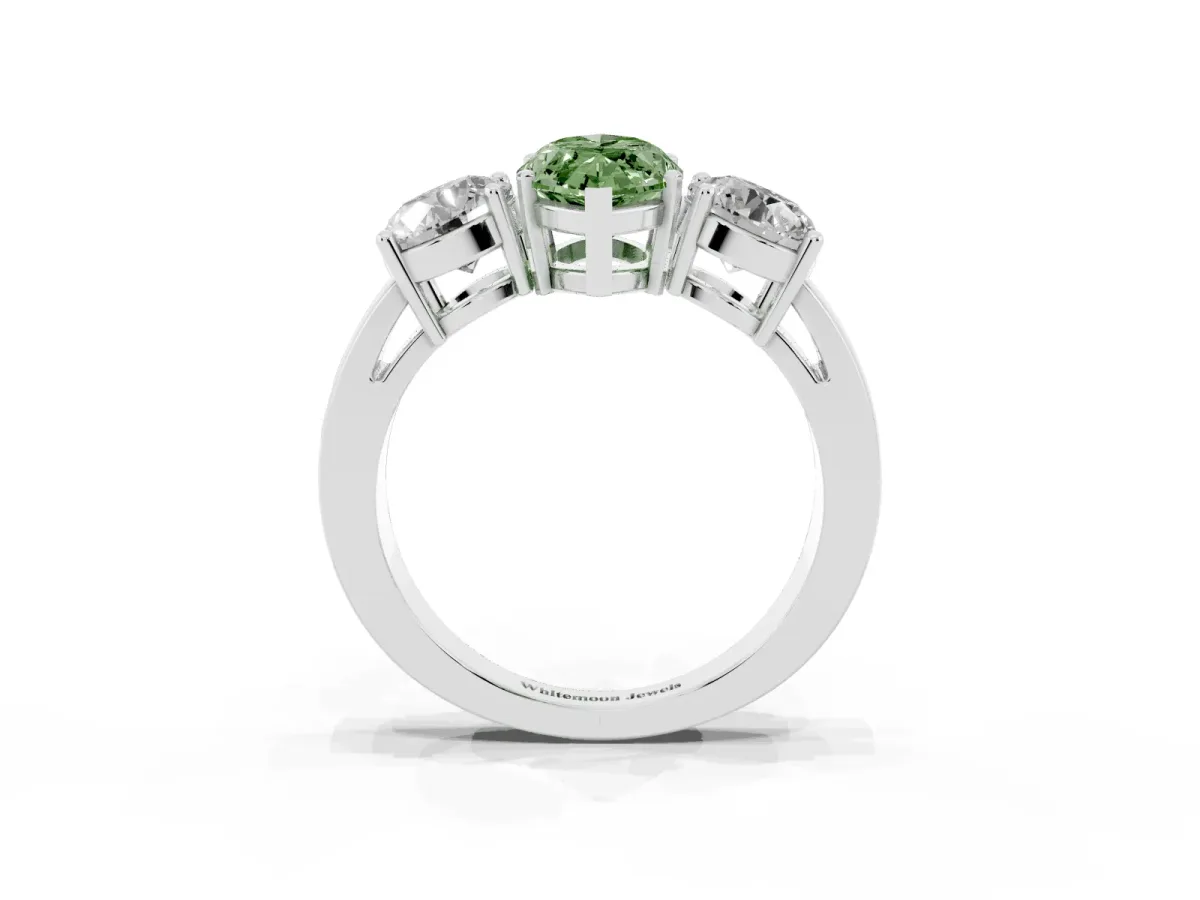 Fancy Green Three-Stone Marquise Cut Diamond Ring with Round Side Stones, Classic Band, and Four-Prong Setting Platinum