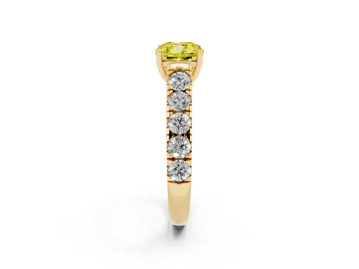 Fancy Yellow Cushion Cut Cut Diamond Solitaire Ring with Micro Pave Band and Prong Setting Yellow gold
