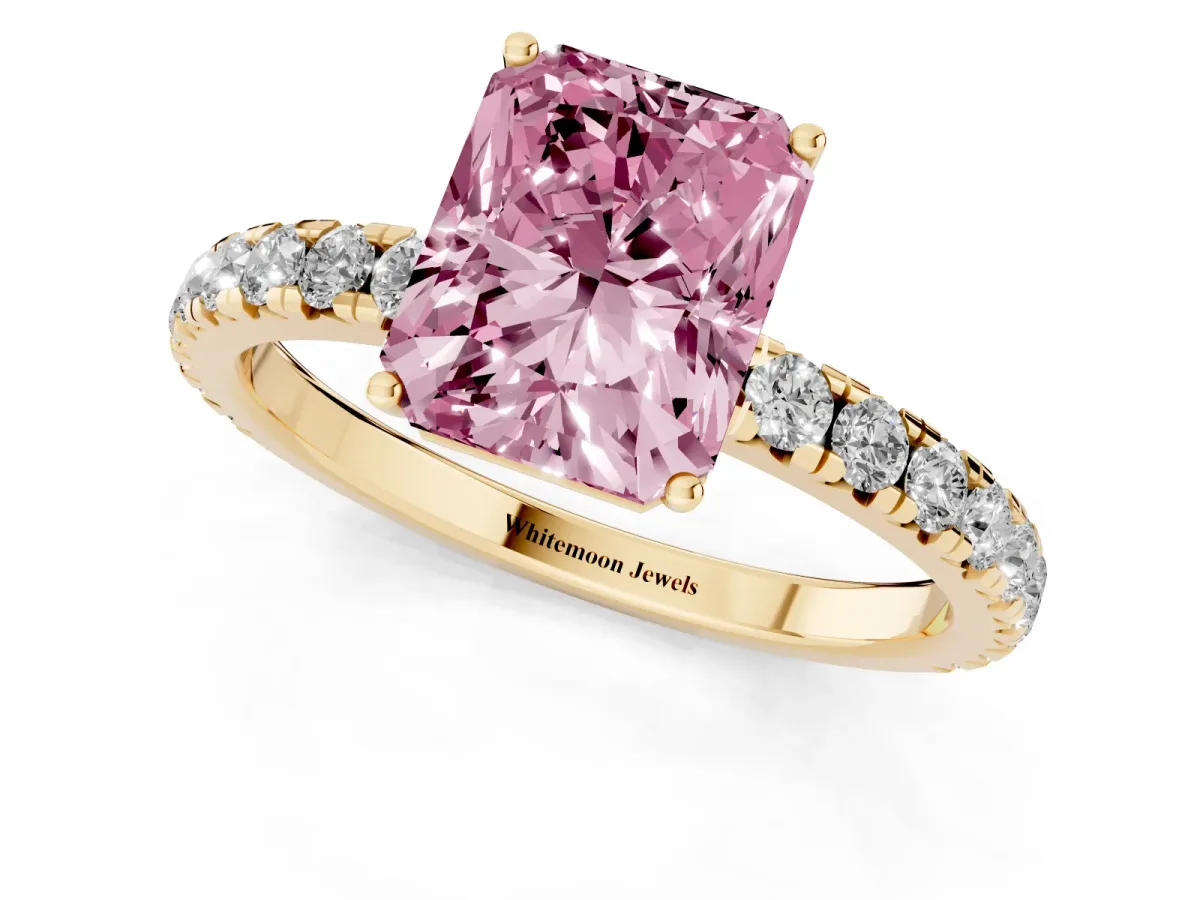 Fancy Pink Radiant Cut Diamond Pavé Solitaire Engagement Ring with Four-Prong Setting Yellow gold