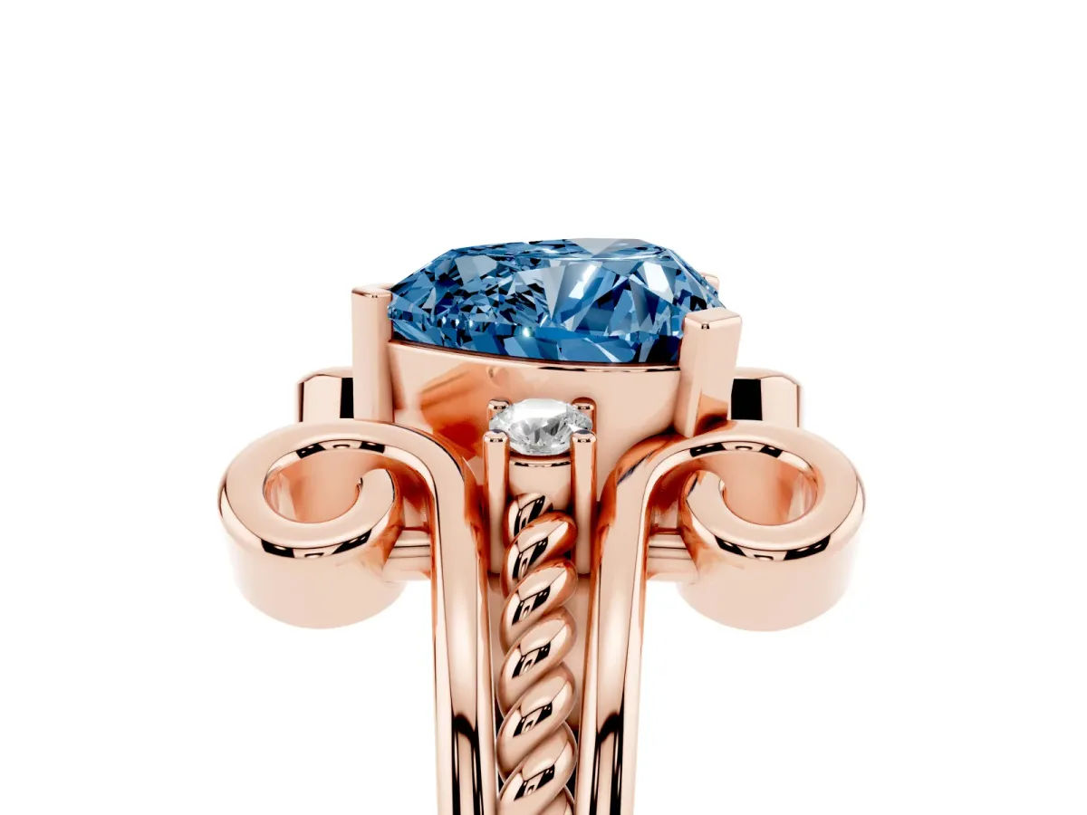 Fancy Blue Heart Cut Solitaire Twisted Band Scroll Prong Ring Rose gold