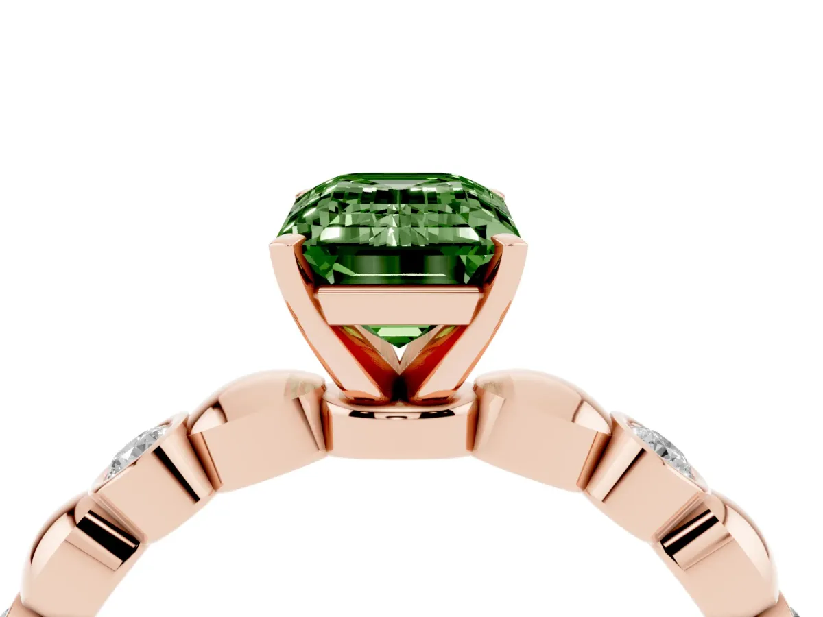 Fancy Green Emerald Cut Solitaire Bezel-Set Diamond Ring with Beaded Band and Four-Prong Setting Rose gold