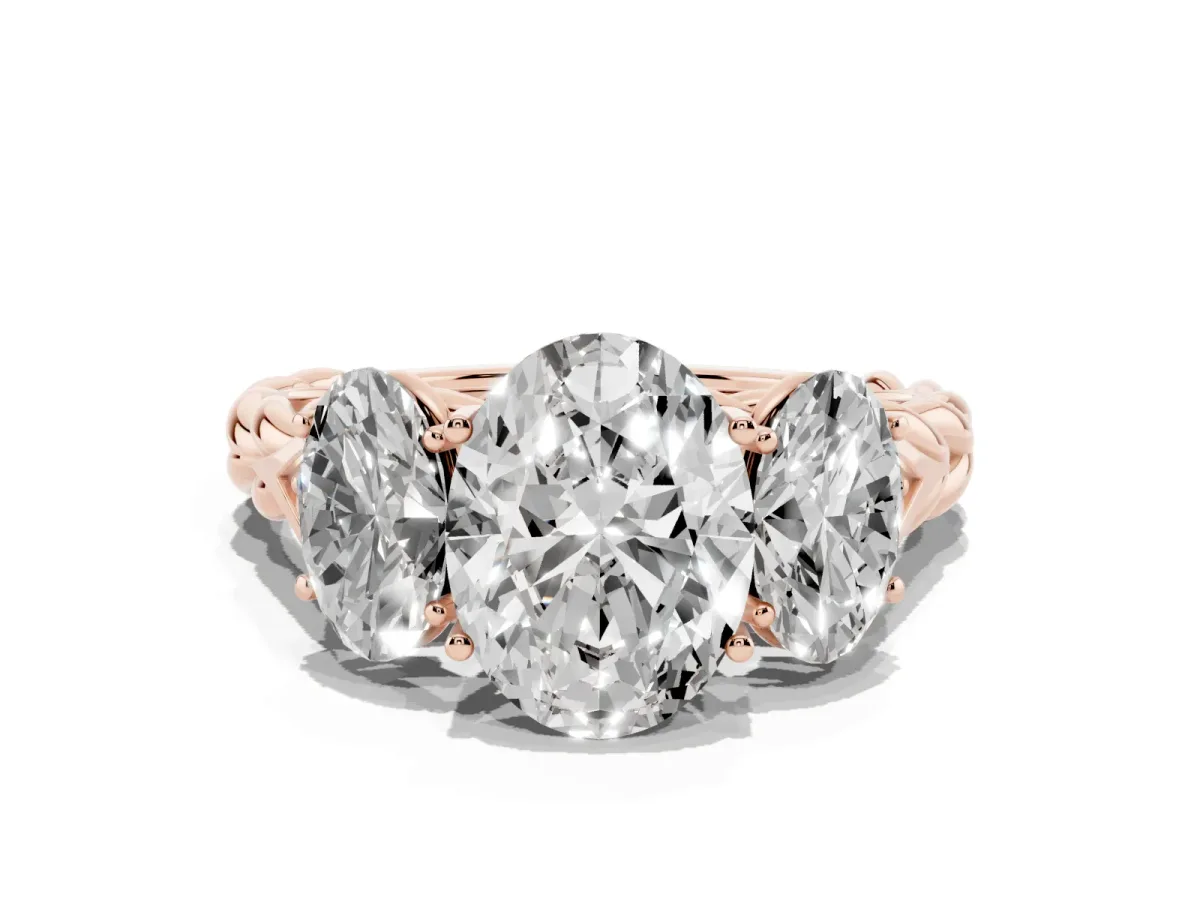 Three-Stone Oval Cut Diamond Braided Band Ring with Four-Prong Setting Rose gold