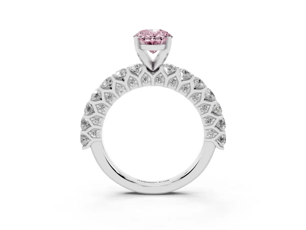 Fancy Pink Oval Cut Diamond Solitaire Ring with Shared Prong Pavé Band and Four-Prong Setting Silver