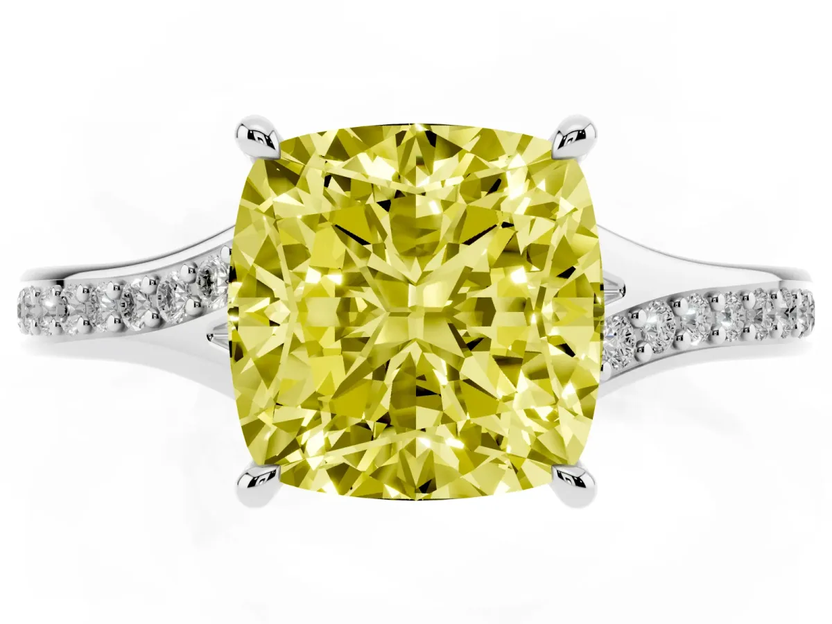 Fancy Yellow Cushion Cut Diamond Solitaire Ring with Pavé Band and Prong Setting Silver