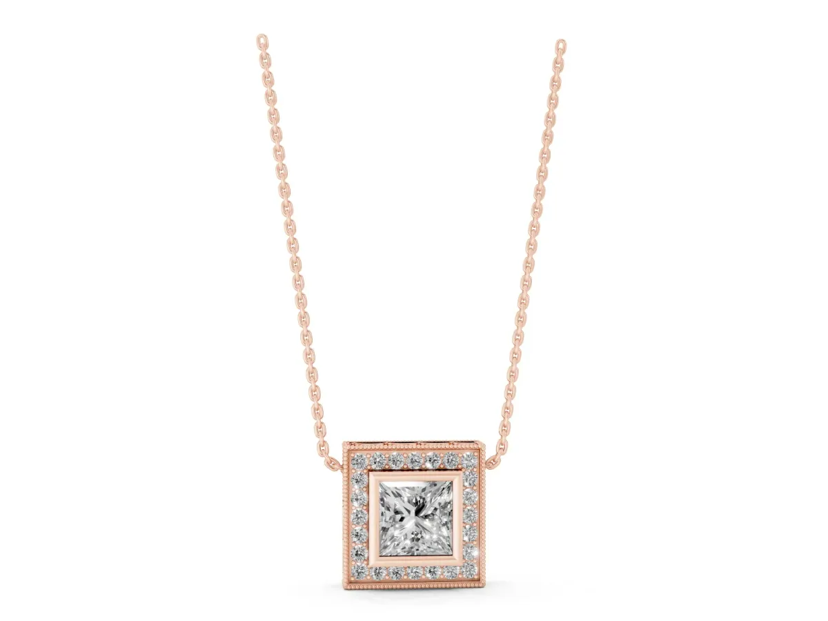 Princess Cut Halo Bezel Pendant Rose gold