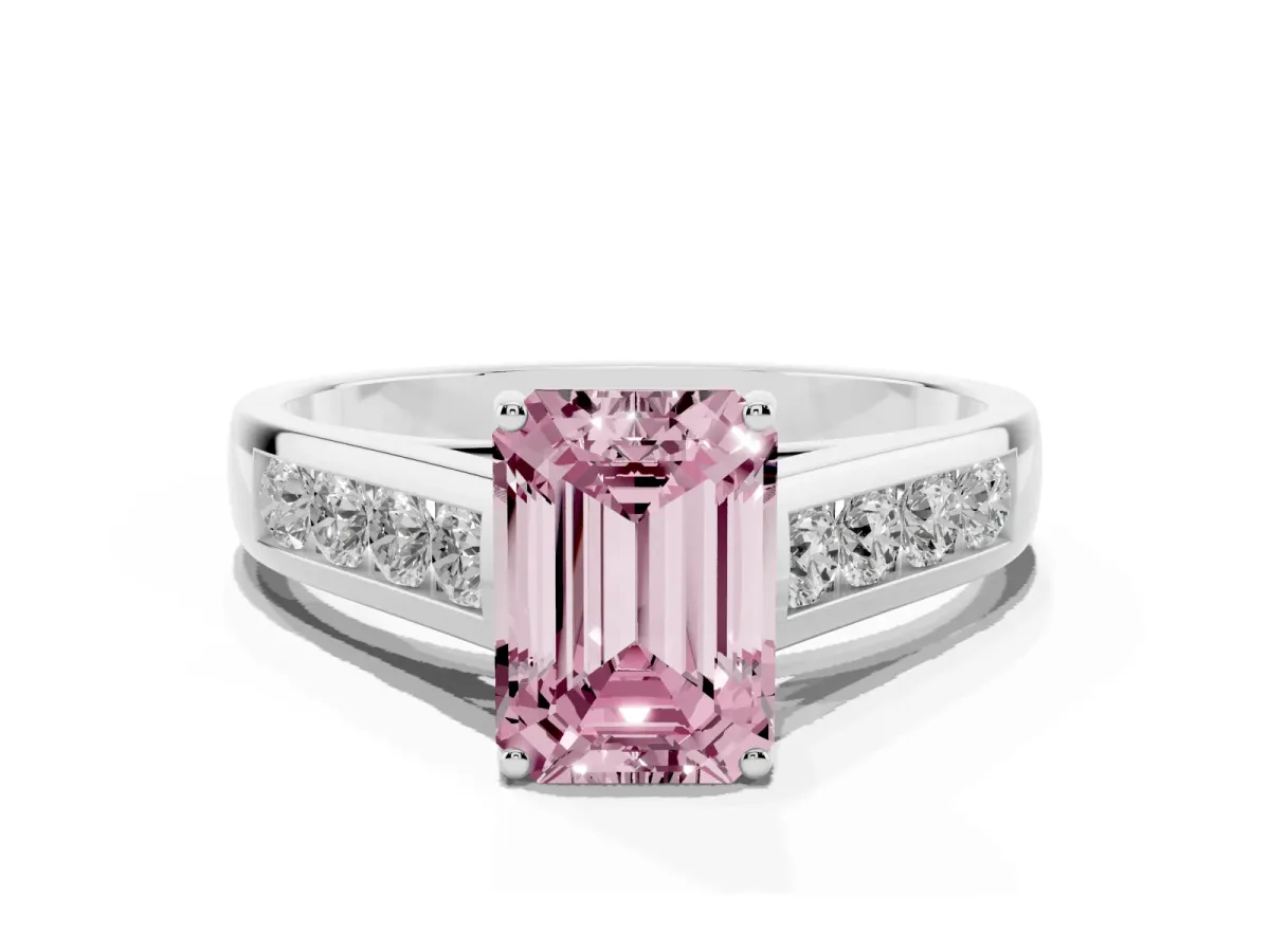 Fancy Pink Emerald Cut Solitaire Channel-Set Diamond Engagement Ring with Four-Prong Setting Platinum