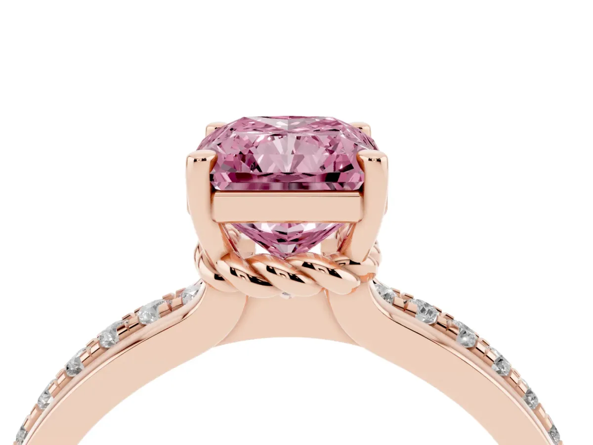 Fancy Pink Radiant Cut Solitaire Diamond Ring with Channel Set Band and Six-Prong Setting Rose gold