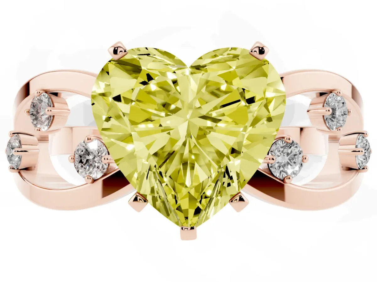 Fancy Yellow Heart Cut Cut Solitaire Diamond with Side Stones on Criss-Cross Band and Four-Prong Setting Rose gold
