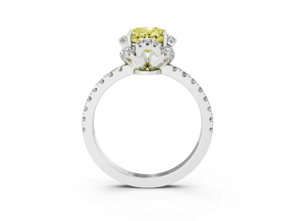 Fancy Yellow Oval Cut Diamond Halo Pave Band with Four-Prong Setting Silver