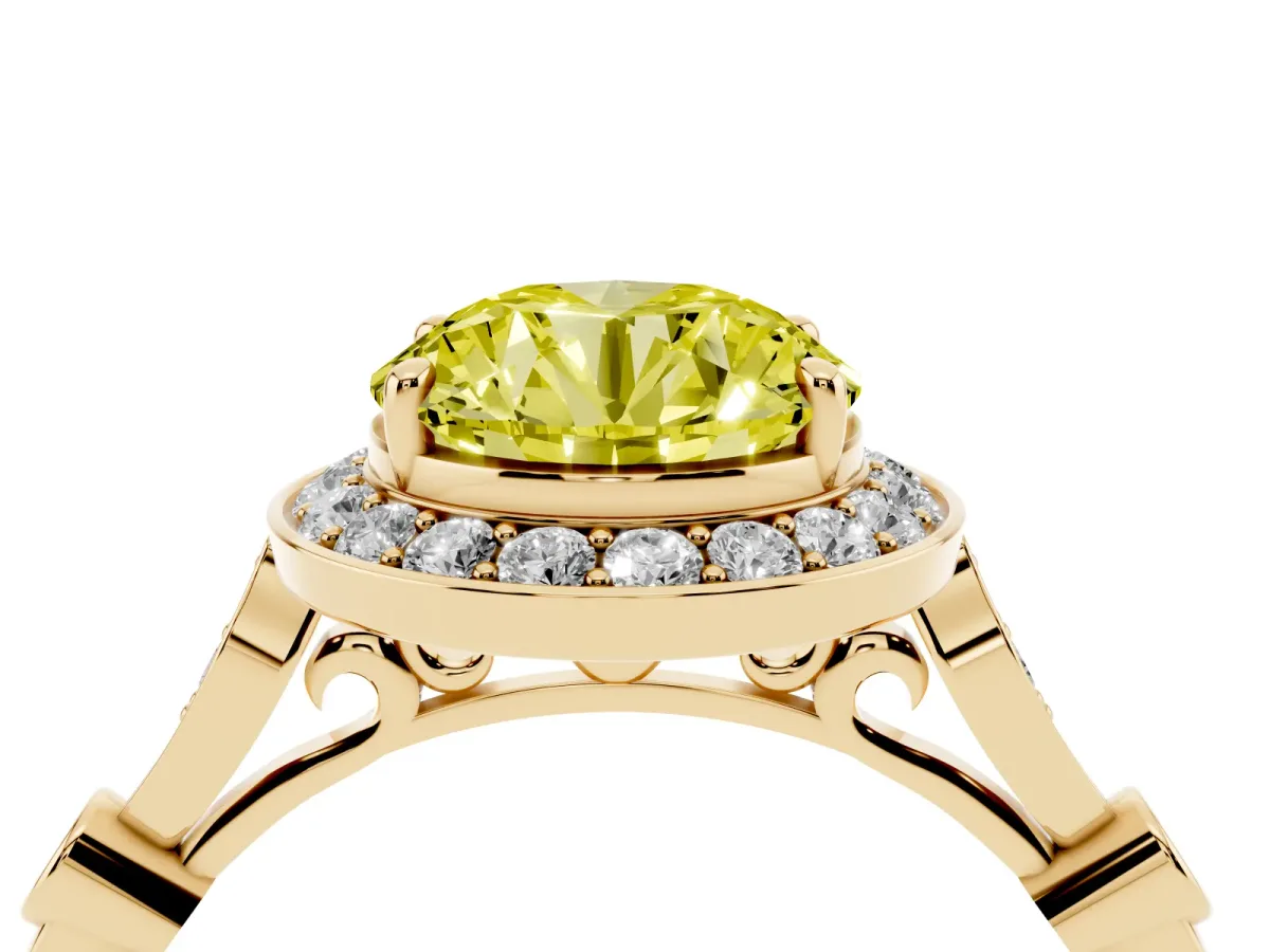 Fancy Yellow Round Cut Halo Diamond Engagement Ring with Twisted Band and Four-Prong Setting Yellow gold