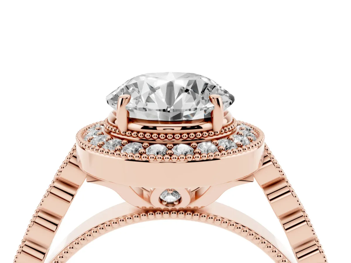 Round Cut Halo Milgrain Solitaire with Bezel Set Side Stones and Pave Band Rose gold