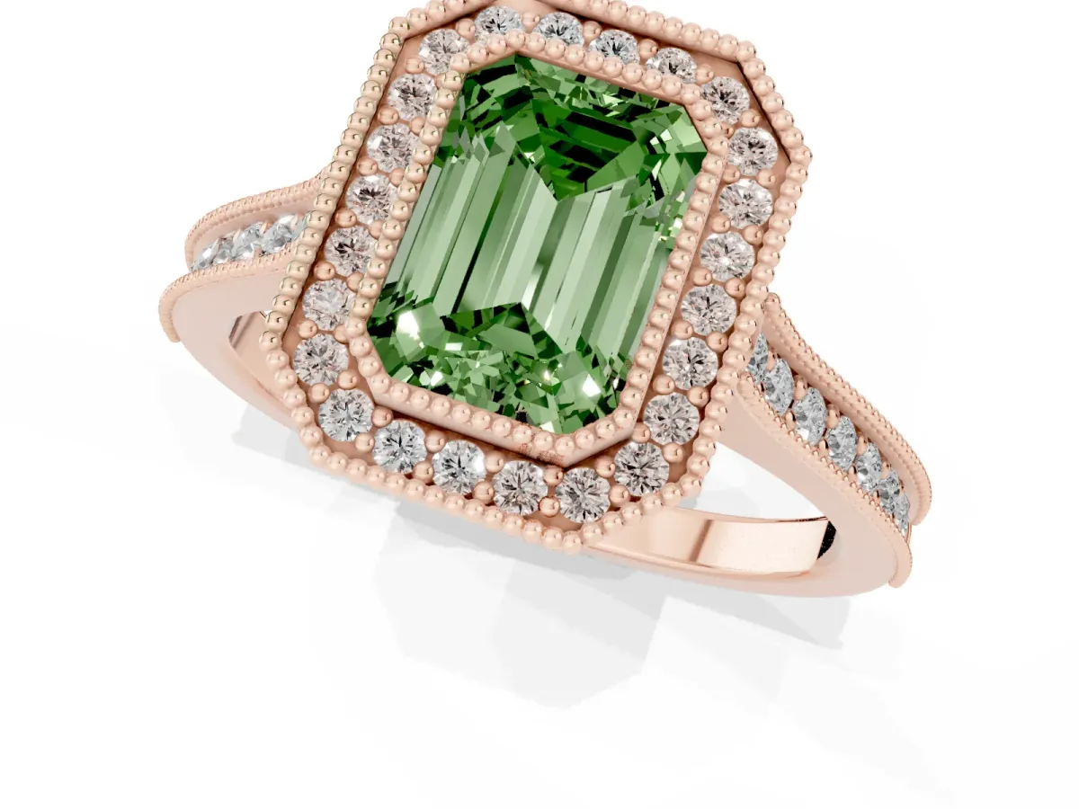 Fancy Green Halo Emerald Cut-Cut Diamond Pave Band Milgrain Prong Setting Ring Rose gold