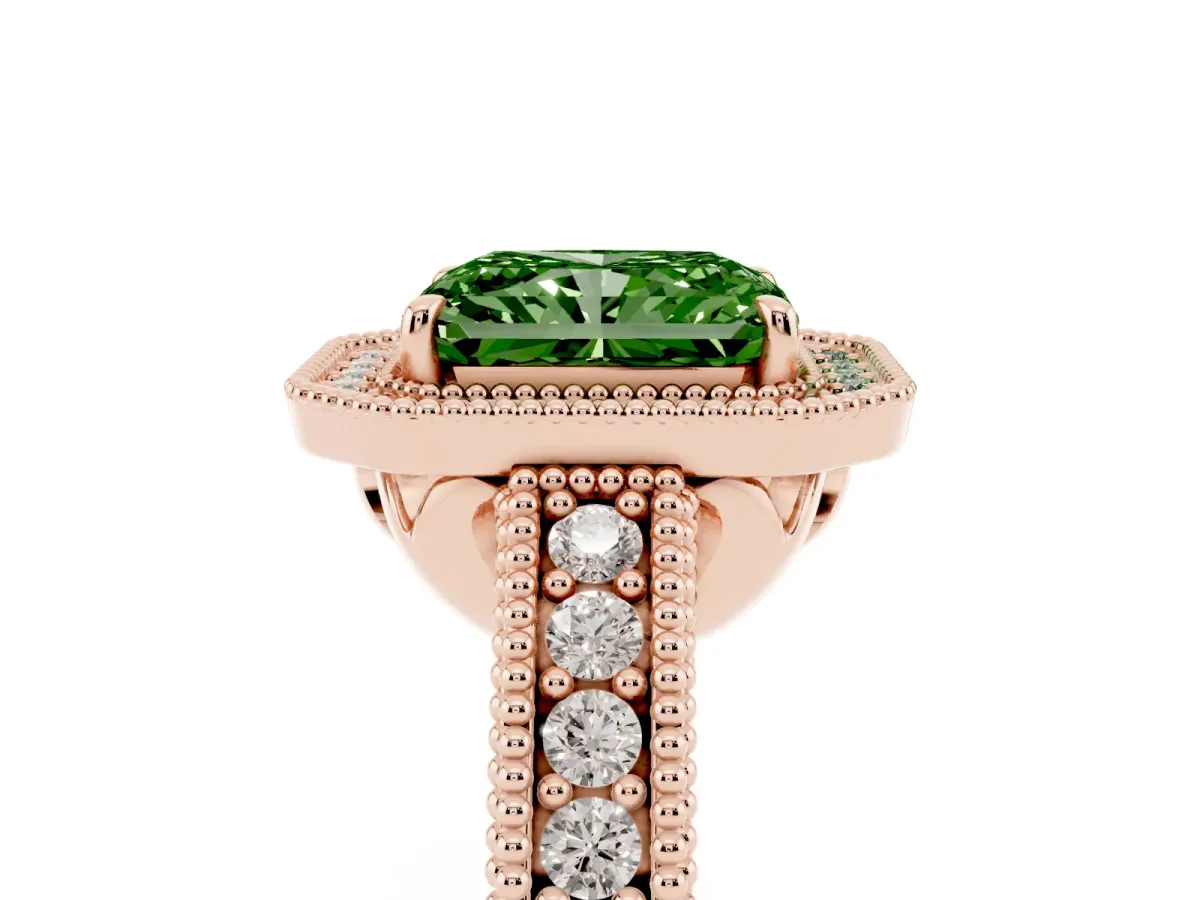 Fancy Green Radiant Cut Cut Halo Diamond Ring with Pavé Band and Four-Prong Setting Rose gold
