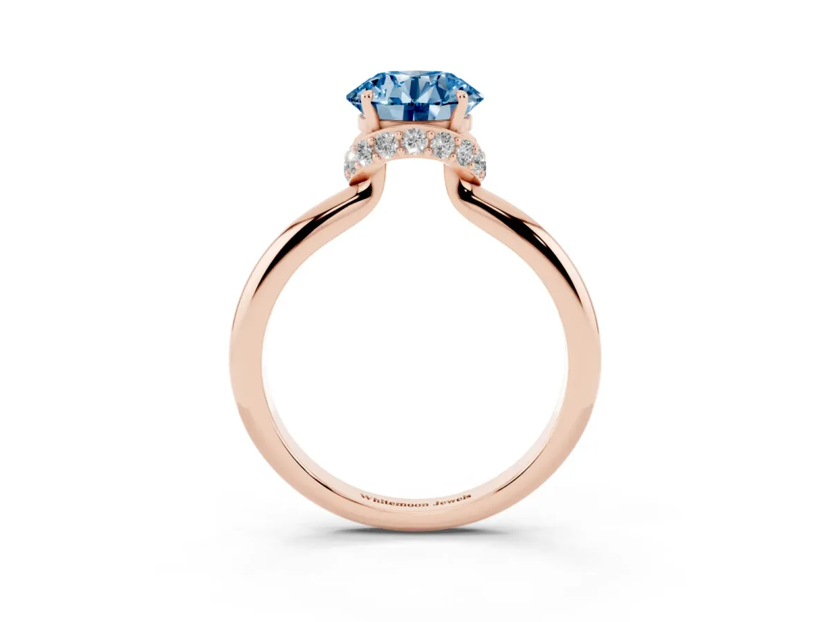 Fancy Blue Round Cut Brilliant Solitaire Engagement Ring with Six-Prong Setting and Classic Band Rose gold