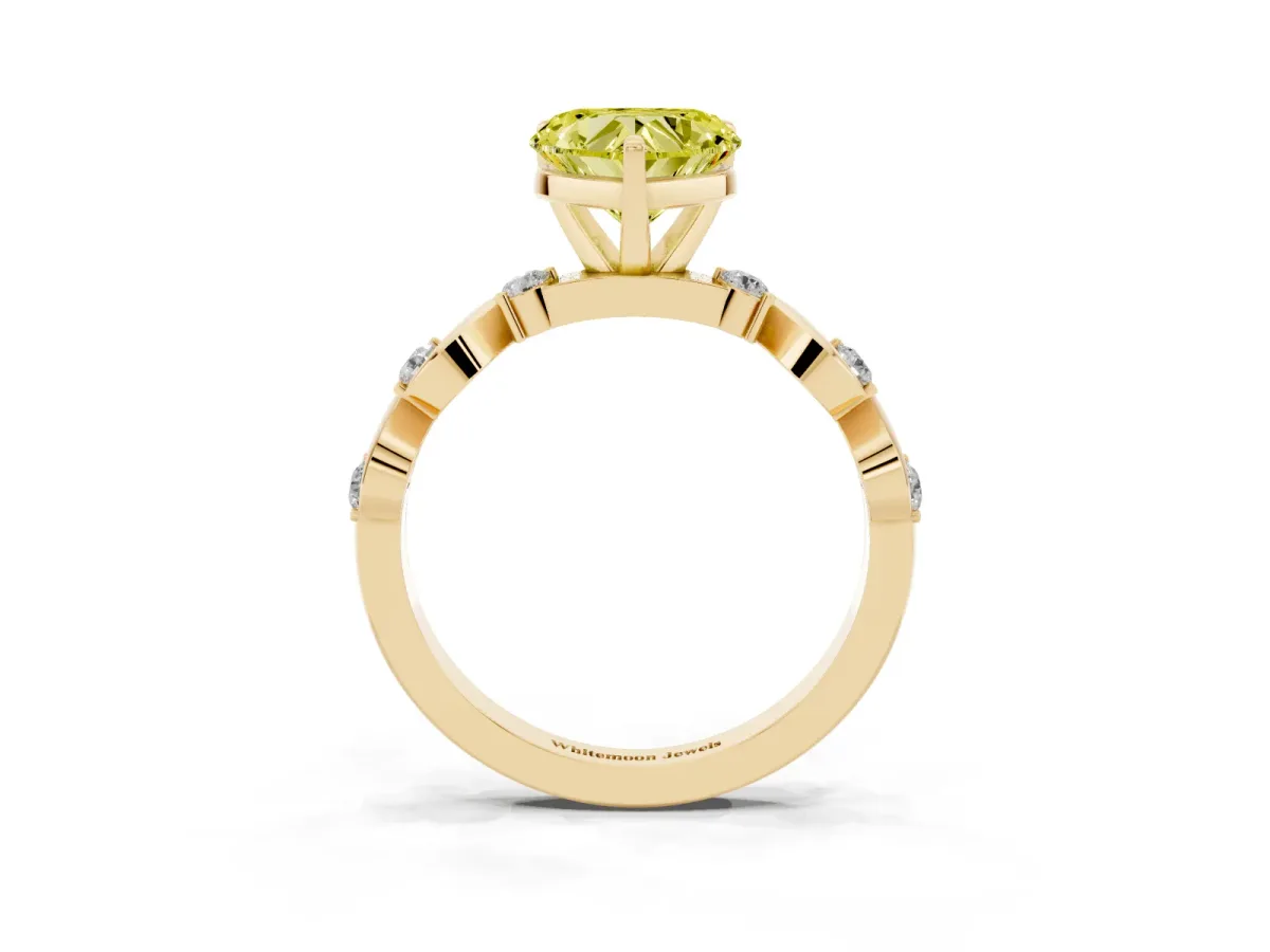 Fancy Yellow Heart Cut Diamond Solitaire Twisted Band with Round Accents and Prong Setting Yellow gold