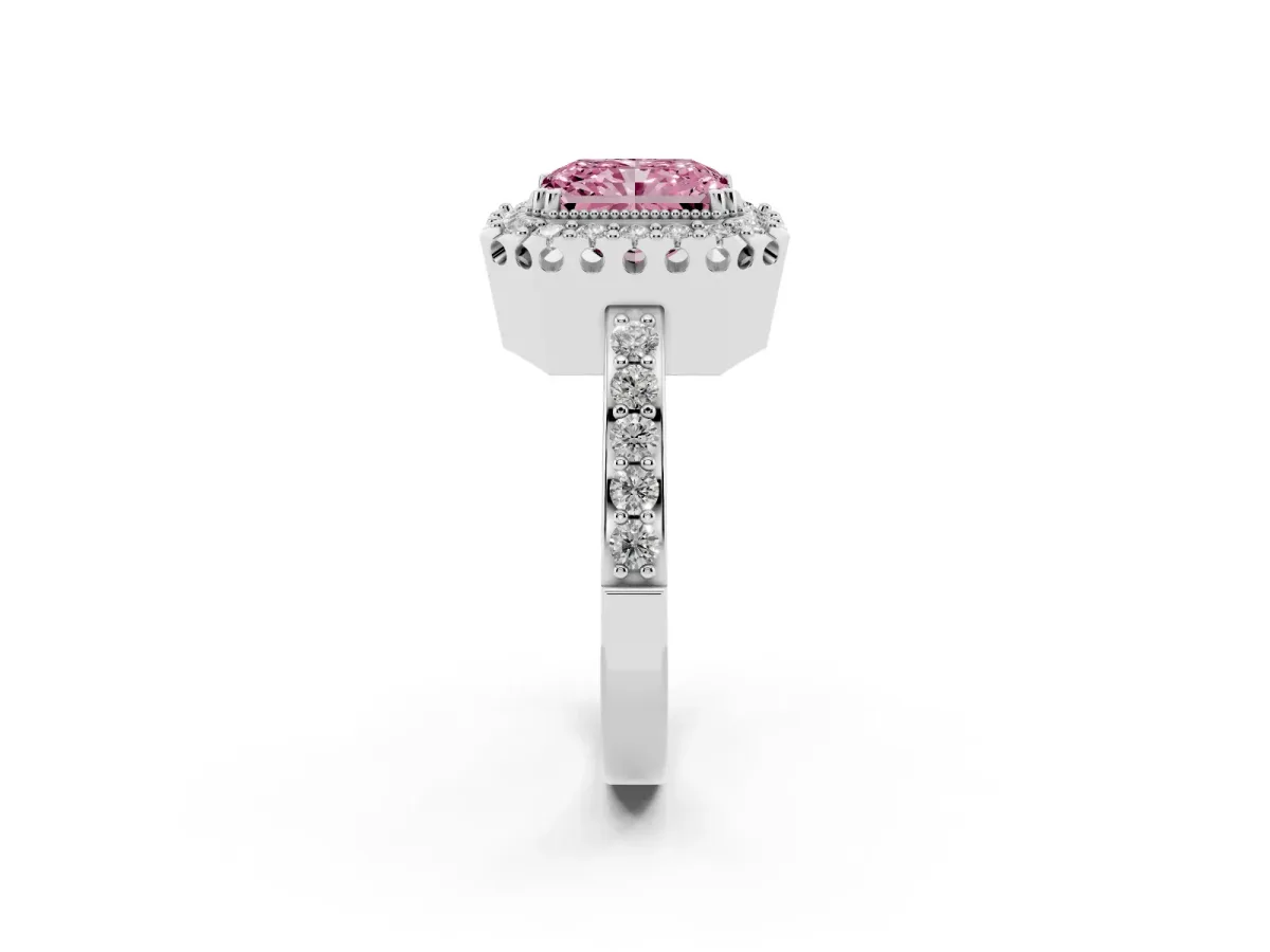 Fancy Pink Radiant Cut Diamond Halo Ring with Pavé Band and Prong Setting Silver