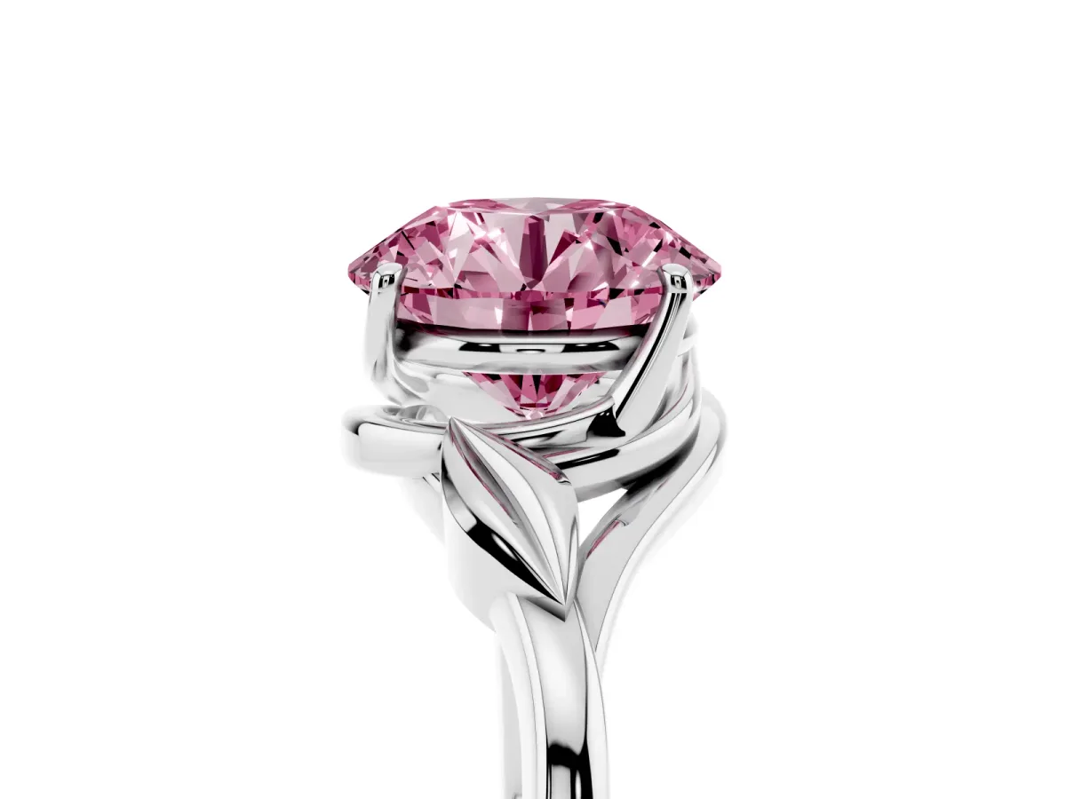 Fancy Pink Round Cut Diamond Solitaire Ring with Twist Band and Four-Prong Setting Silver