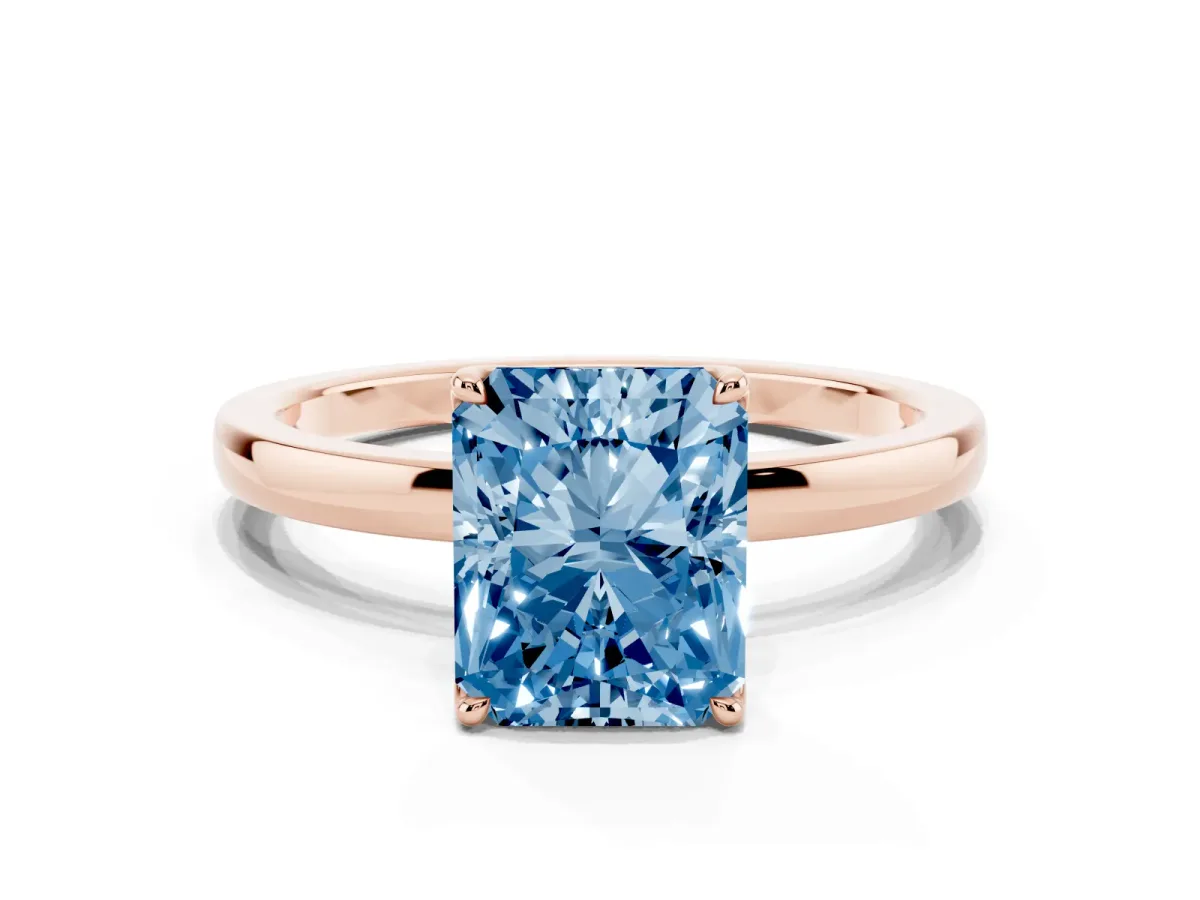 Fancy Blue Radiant Cut Diamond Solitaire Ring with Thin Band and Prong Setting Rose gold