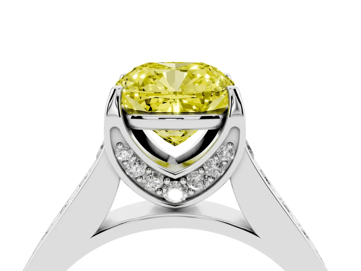 Fancy Yellow Cushion Cut Brilliant Cut Diamond Engagement Ring with Pavé Band and Four-Prong Setting Silver