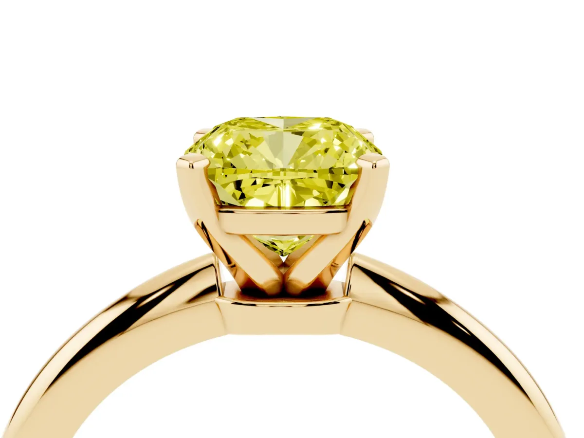 Fancy Yellow Cushion Cut Diamond Solitaire Ring with Prong Setting and Classic Band Yellow gold