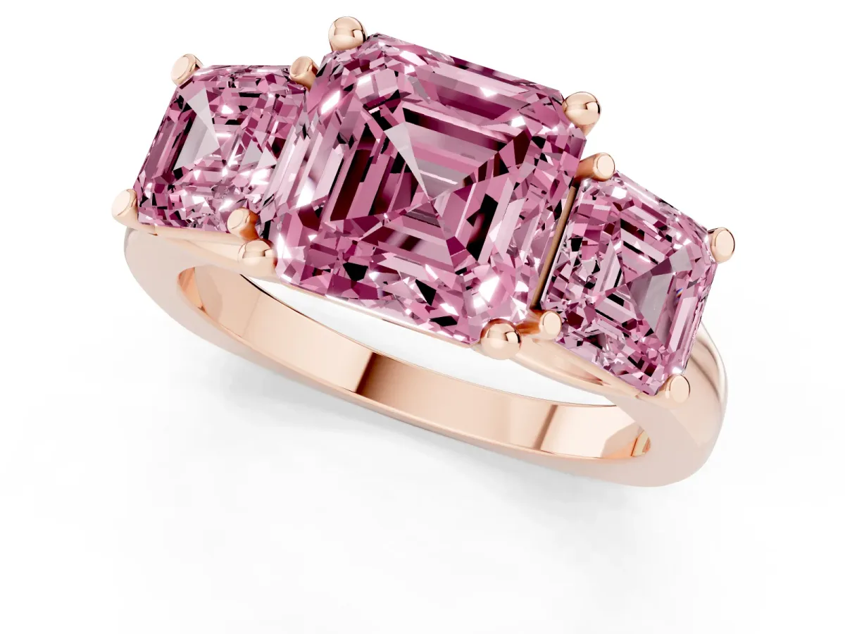 Fancy Pink Three-Stone Asscher Cut Brilliant Diamond Trellis Ring with Comfort Fit Band Rose gold