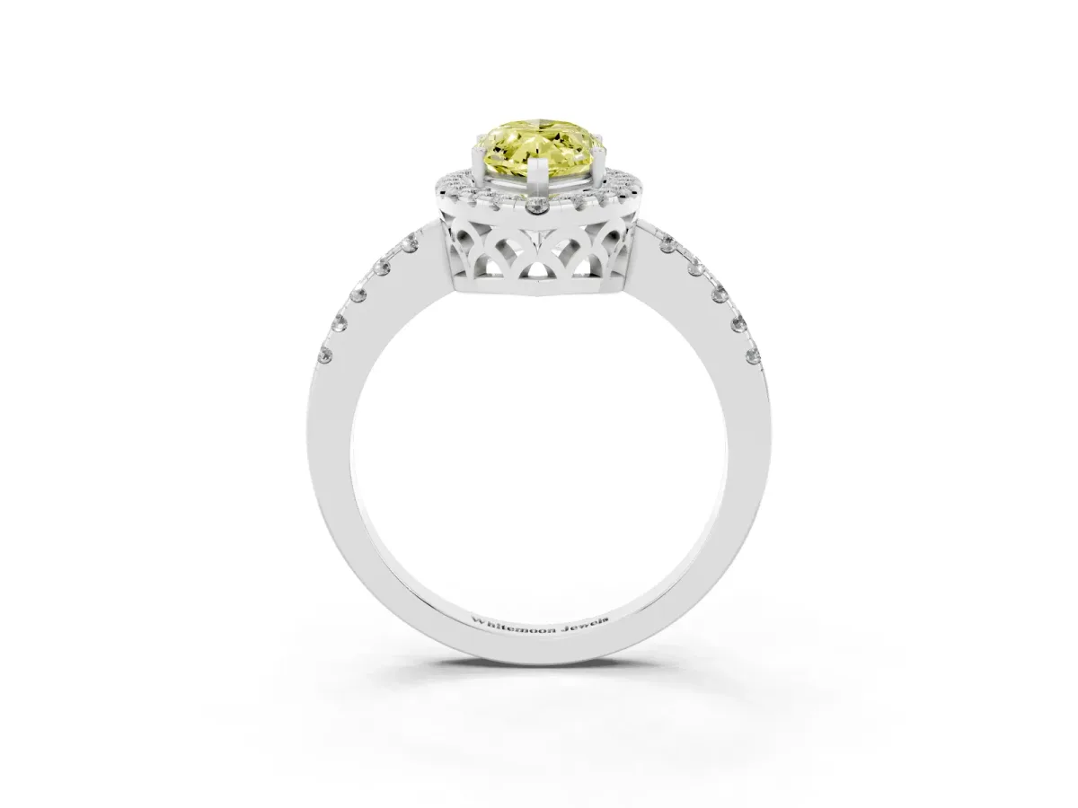 Fancy Yellow Marquise Cut Halo Diamond Engagement Ring with Pavé Band and Four-Prong Setting Silver