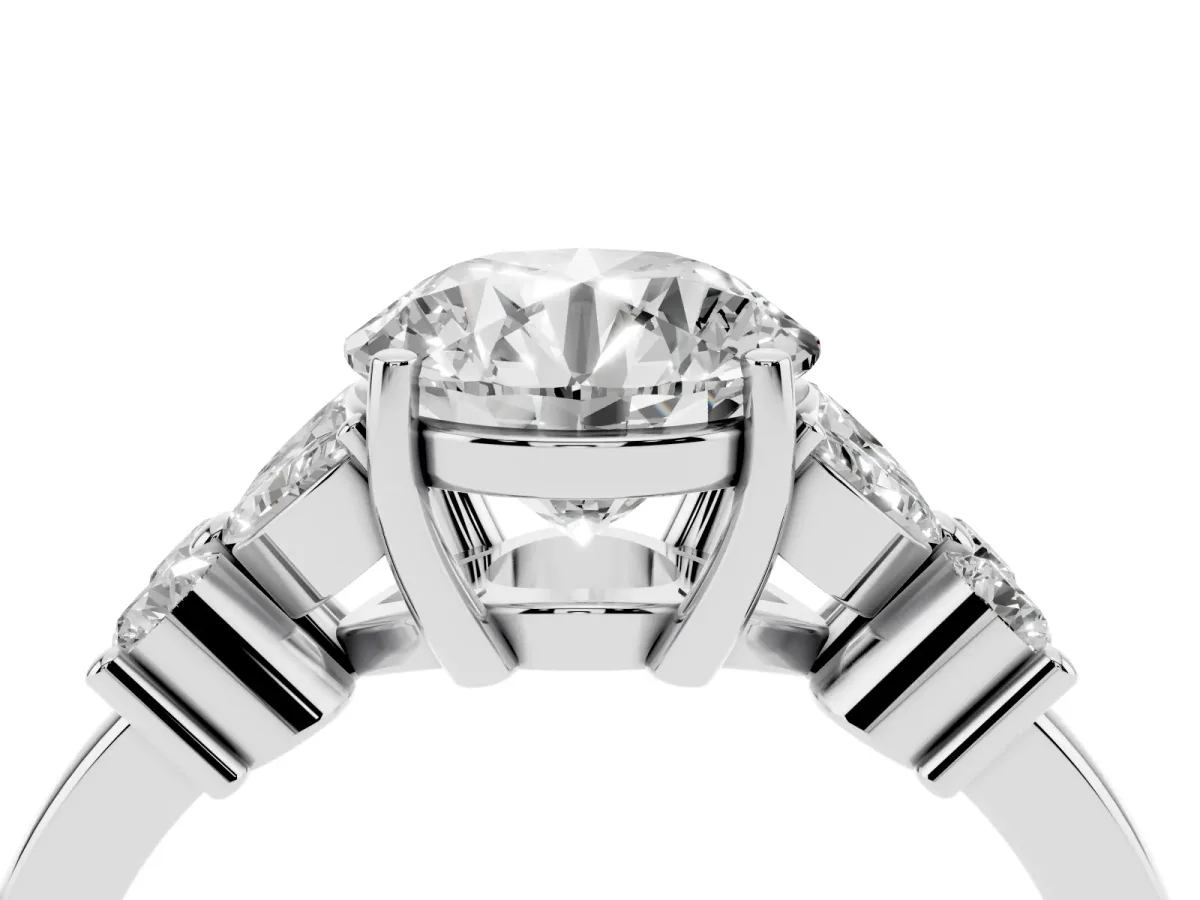 Round Cut Diamond Floral Cluster Ring with Solitaire Band and Prong Setting Silver