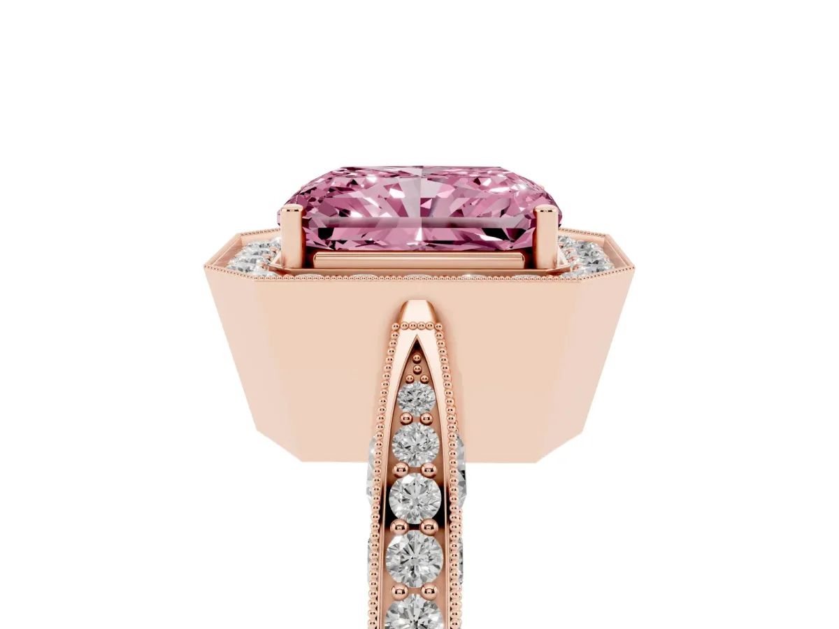 Fancy Pink Radiant Cut Halo Diamond Engagement Ring with Split Shank Band and Four-Prong Setting Rose gold