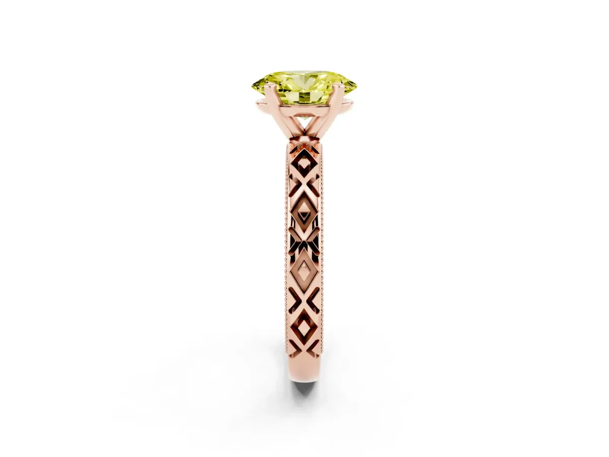Fancy Yellow Oval Cut Solitaire Diamond Ring with Milgrain and Black Enamel X Pattern Band Rose gold