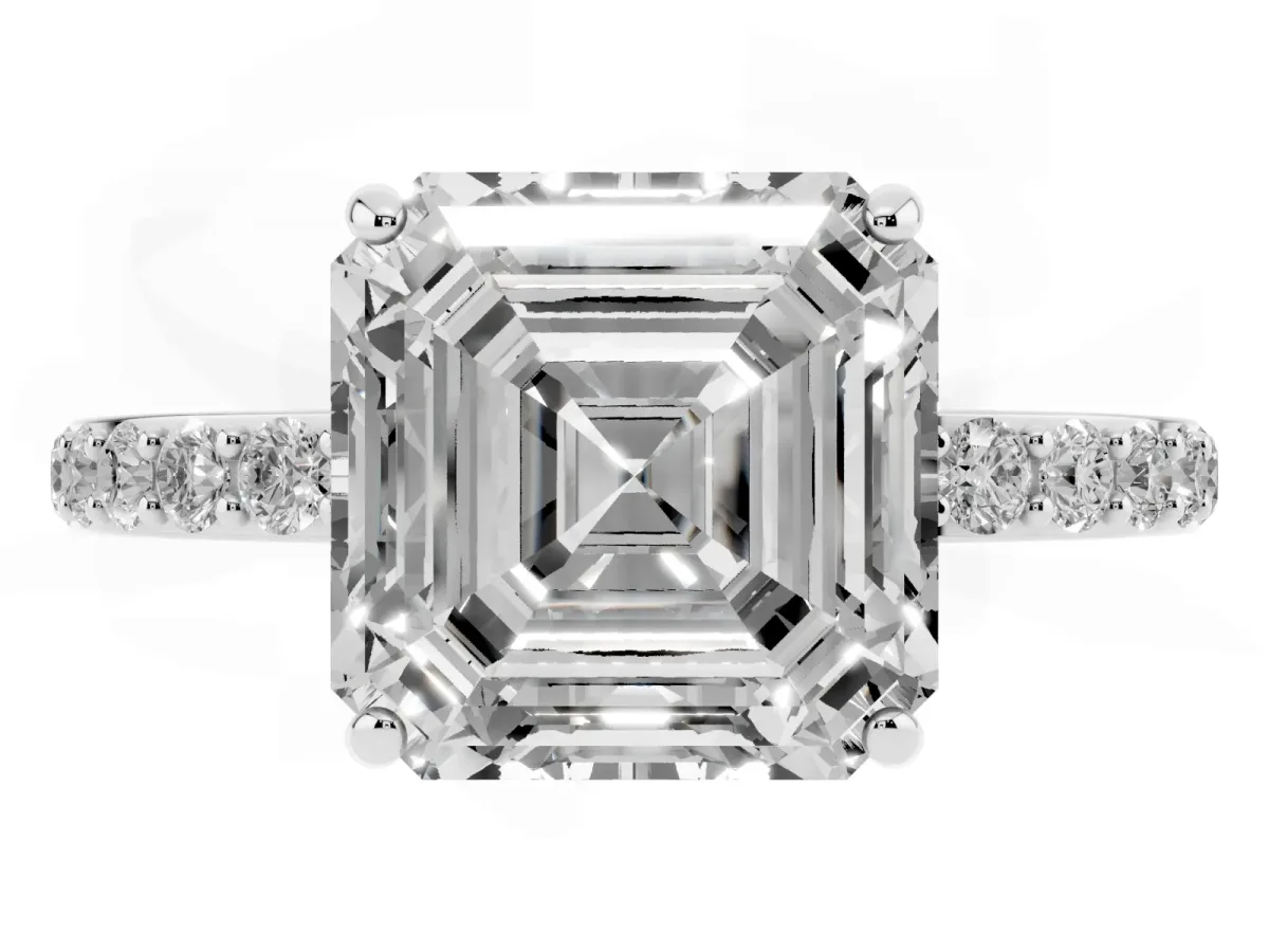 Asscher Cut Diamond Solitaire Ring with Round Pavé Shoulders and Prong Setting Platinum
