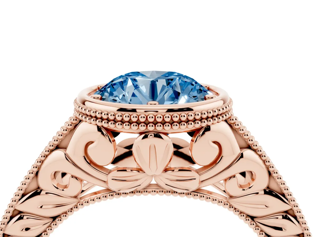 Fancy Blue Bezel Set Round Cut Diamond Milgrain Pave Engagement Ring Rose gold
