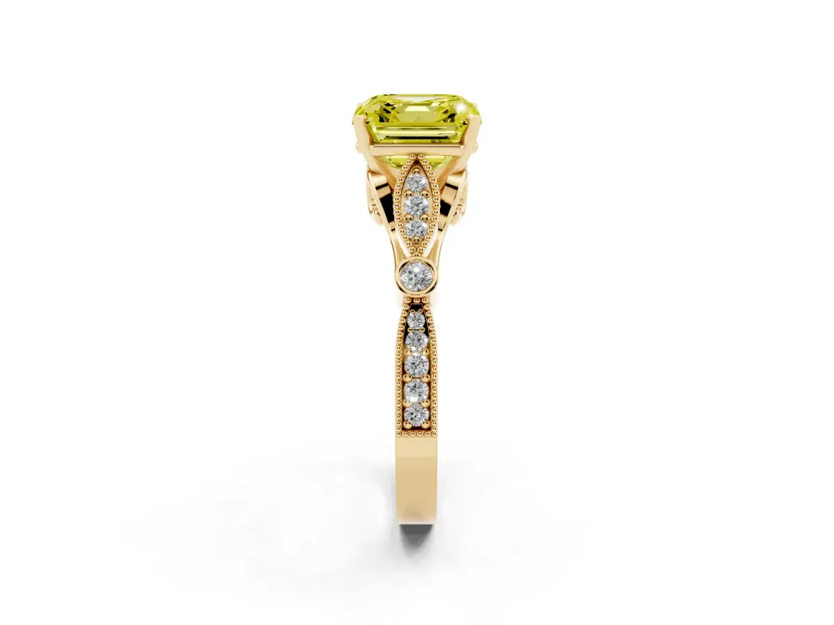Fancy Yellow Asscher Cut Cut Diamond with Milgrain Marquise and Bezel Accents on a Solitaire Band with Prong Setting Yellow gold