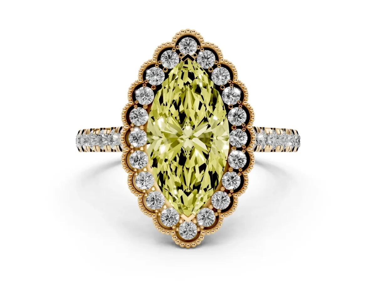 Fancy Yellow Marquise Cut Cut Diamond Milgrain Floral Halo Engagement Ring with Pavé Band Yellow gold