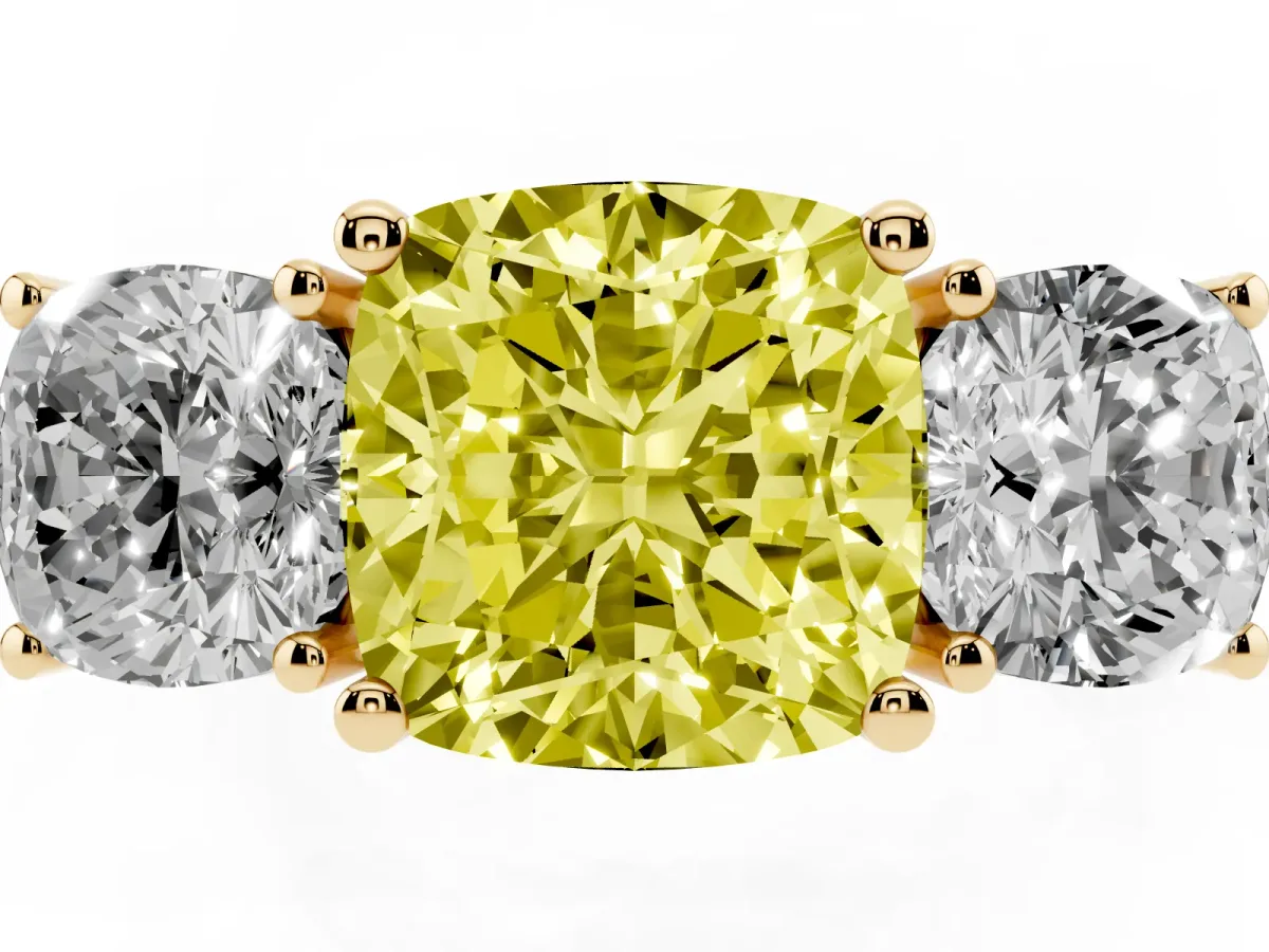 Fancy Yellow Three-Stone Cushion Cut Cut Diamond Engagement Ring with Flat Band and Four-Prong Setting Yellow gold